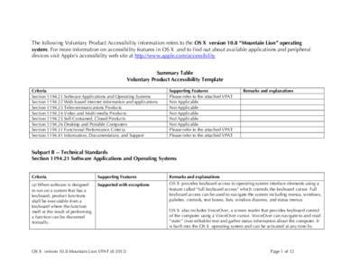 The following Voluntary Product Accessibility information refers to the OS X version 10.8 “Mountain Lion” operating system. For more information on accessibility features in OS X and to find out about available appli