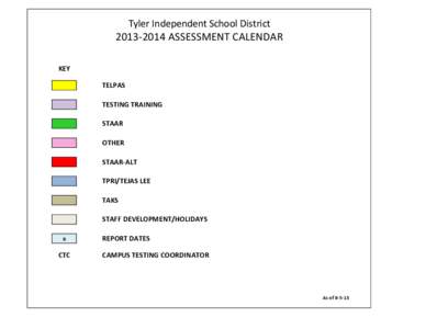 Tyler Independent School District[removed]ASSESSMENT CALENDAR KEY TELPAS TESTING TRAINING