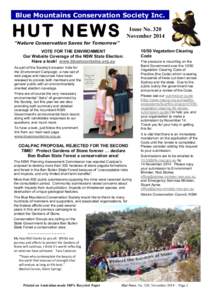 Blue Mountains Conservation Society Inc.  HUT NEWS Issue No. 320 November 2014