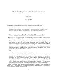 “What should a professional mathematician know?” Barry Mazur May 29, 2009