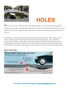 HOLES Many of us think of the great Louis Sachar book, or the movie starring Shia LaBeouf, but holes, specifically potholes, are all too real this year because of our brutal winter. Most importantly, potholes can be a ch