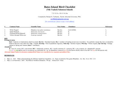 Bates Island Bird Checklist (Nth Ysabel) Solomon Islands51s26e Compiled by Michael K. Tarburton, Pacific Adventist University, PNG. [To communicate: please re-type e-mail address] #