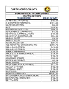 OKEECHOBEE COUNTY BOARD OF COUNTY COMMISSIONERS MEETING: [removed]VENDOR NAME CHECK AMOUNT 70 WEST SELF STORAGE