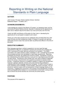 Reporting in Writing on the National Standards in Plain Language AUTHOR: John Coulam, Principal, Marian Catholic School, Hamilton Sabbatical Report: 10 weeks, 2011.