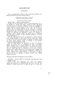 Assembly Bill No. 686 CHAPTER 823 An act to amend Section[removed]of, and to add Section[removed]to, the Business and Professions Code, relating to tobacco. [Approved by Governor October 12, 1995. Filed with Secretary of Sta