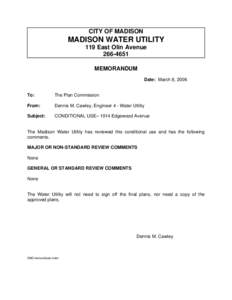 CITY OF MADISON  MADISON WATER UTILITY 119 East Olin Avenue[removed]MEMORANDUM