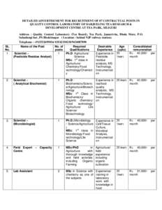 DETAILED ADVERTISEMENT FOR RECRUITMENT OF 07 CONTRACTUAL POSTS IN QUALITY CONTROL LABORATORY OF DARJEELING TEA RESEARCH & DEVELOPMENT CENTRE AT TEA PARK, SILIGURI Address : Quality Control Laboratory (Tea Board), Tea Par