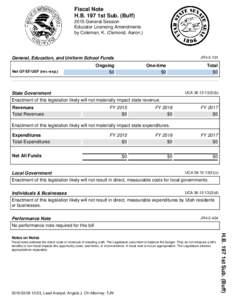 Fiscal Note H.B. 197 1st Sub. (BuffGeneral Session Educator Licensing Amendments by Coleman, K. (Osmond, Aaron.)