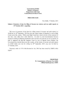 Government of India Ministry of Finance Department of Revenue Central Board of Direct Taxes PRESS RELEASE New Delhi, 1st October, 2015