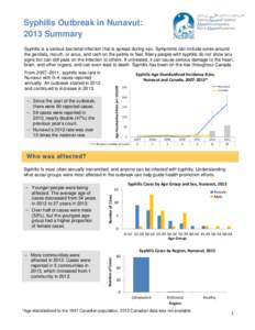 Syphilis Outbreak in Nunavut: 2013 Summary Syphilis is a serious bacterial infection that is spread during sex. Symptoms can include sores around the genitals, mouth, or anus, and rash on the palms or feet. Many people w