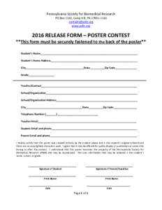 Pennsylvania Society for Biomedical Research PO Box 1163, Camp Hill, PAwww.psbr.orgRELEASE FORM – POSTER CONTEST