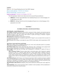 LEGEND Black text = 2011 Oregon Plumbing Specialty Code (OPSC) language. Blue text double underline = Substantive new language. Blue text strike through = Substantive deletion. Purple text underlined = Substantive new la