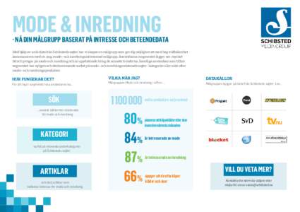 mode & inredning  - nå din målgrupp baserat på intresse och beteendedata Med hjälp av unik data från Schibsteds sajter har vi skapat en målgrupp som ger dig möjlighet att med hög träffsäkerhet kommunicera med e