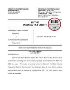 ATTORNEY FOR PETITIONERS: FINIS TATUM IV FOLEY & ABBOTT Indianapolis, IN  ATTORNEYS FOR RESPONDENT: