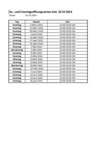 So.- und Feiertagsöffnungszeiten Seil. 26 SS 2016 Stand: Tag Sonntag Sonntag Sonntag