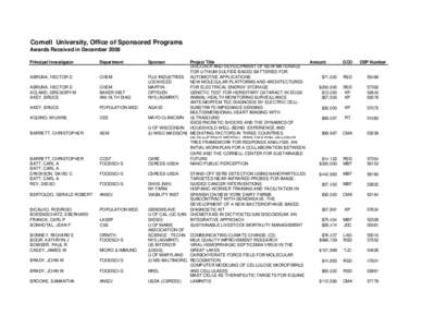 Cornell University, Office of Sponsored Programs Awards Received in December 2008 Principal Investigator Department