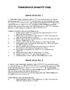 Descendants of James Hill Casey Generation NoJAMES HILL2 CASEY (UNKNOWN (?IRA)1)1,2,3,4,5 was born October 12, 1813 in Spartanburg, SC6,7,8,9,10,11,12,12,13,14, and died June 16, 1901 in Farmer, Young Co., Texas15
