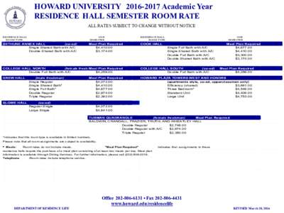 HOWARD UNIVERSITYAcademic Year RESIDENCE HALL SEMESTER ROOM RATE ALL RATES SUBJECT TO CHANGE WITHOUT NOTICE RESIDENCE HALL ROOM TYPE