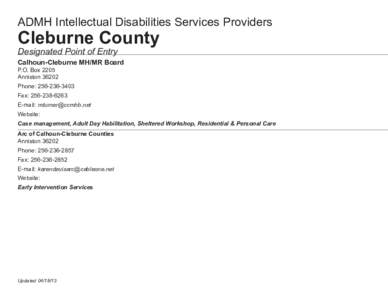 ADMH Intellectual Disabilities Services Providers  Cleburne County Designated Point of Entry  Calhoun-Cleburne MH/MR Board
