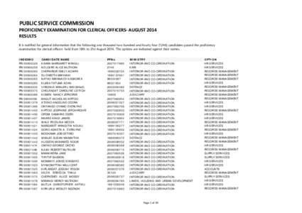 PUBLIC SERVICE COMMISSION PROFICIENCY EXAMINATION FOR CLERICAL OFFICERS- AUGUST 2014 RESULTS It is notified for general information that the following one thousand two hundred and fourty fourcandidates passed the