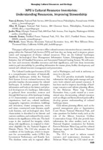 Managing Cultural Resources and Heritage  NPS’s Cultural Resource Inventories: Understanding Resources, Improving Stewardship Nancy J. Brown, National Park Service, 200 Chestnut Street, Philadelphia, Pennsylvania 19106