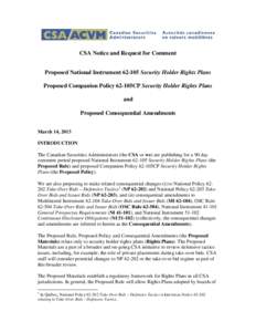 Proposed National Instrument 62-*** Security Holder Rights Plans
