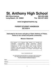 St. Anthony High School 620 Olive Avenue Long Beach, CA[removed]4496 Fax[removed]