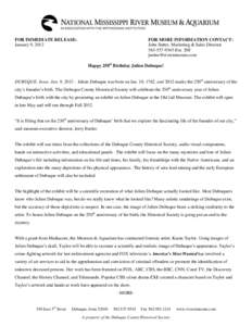 FOR IMMEDIATE RELEASE: January 9, 2012 FOR MORE INFORMATION CONTACT: John Sutter, Marketing & Sales Director[removed]Ext. 208