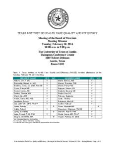 TEXAS INSTITUTE OF HEALTH CARE QUALITY AND EFFICIENCY Meeting of the Board of Directors Meeting Minutes Tuesday, February 18, [removed]:00 a.m. to 3:00 p.m. The University of Texas at Austin