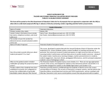 FORM	
  C	
   	
   SURVEY	
  INSTRUMENT	
  FOR	
   TEACHER	
  AND	
  POSSIBLE	
  PRINCIPAL	
  EVALUATION	
  SERVICE	
  PROVIDER	
   PUBLICLY-­‐AVAILABLE	
  SERVICE	
  SUMMARY	
   	
  