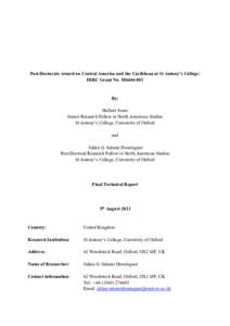 Post-Doctorate Award on Central America and the Caribbean at St Antony’s College: IDRC Grant No[removed]By: Halbert Jones Senior Research Fellow in North American Studies