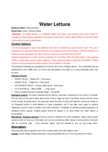 Clarence Valley Council  Control Sheet Water Lettuce Botanical Name: Pistia stratiotes