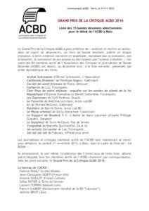 Communiqué ACBD - Paris, leGRAND PRIX DE LA CRITIQUE ACBD 2016 Liste des 15 bandes dessinées sélectionnées pour le débat de l’ACBD à Blois