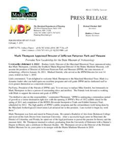 FOR IMMEDIATE RELEASE: Mark Thompson Appointed Director of Jefferson Patterson Park and Museum