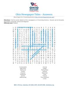 Ohio Newspaper Titles – Answers Word Search for Chronicling America (http://chroniclingamerica.loc.gov) Directions: Find the words related to Ohio newspapers on Chronicling America. Answers can be forwards, backwards, 