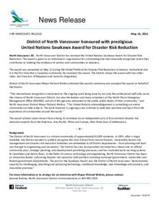 News Release FOR IMMEDIATE RELEASE May 16, 2011  District of North Vancouver honoured with prestigious