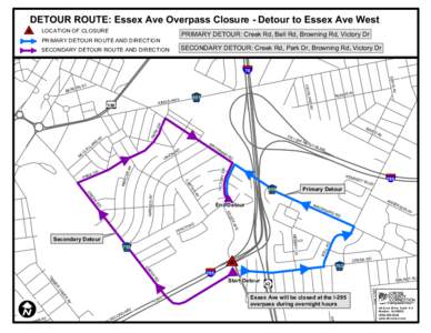 DETOUR ROUTE: Essex Ave Overpass Closure - Detour to Essex Ave West ` LOCATION OF CLOSURE _ PRIMARY DETOUR: Creek Rd, Bell Rd, Browning Rd, Victory Dr PRIMARY DETOUR ROUTE AND DIRECTION