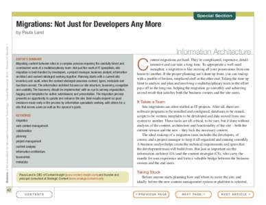 Special Section  Migrations: Not Just for Developers Any More Bulletin of the Association for Information Science and Technology – October/November 2013 – Volume 40, Number 1  by Paula Land