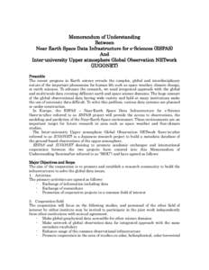 Memorandum of Understanding Between Near Earth Space Data Infrastructure for e-Sciences (ESPAS) And Inter-university Upper atmosphere Global Observation NETwork (IUGONET)