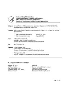 Food and Drug Administration Center for Biologics Evaluation and Research Office of Vaccines Research and Review Division of Vaccines and Related Product Applications  Subject: Clinical Review of Biologics License Applic