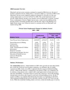 2006 Economic Overview Maryland’s private sector economy continued to expand in 2006, however, the rate of business expansion slowed, ebbing from 1.7 percent in 2005 to 1.3 percent in[removed]In all, Maryland’s private