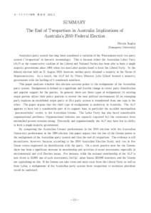 オーストラリア研究　第 25 号　2012．3  SUMMARY The End of Twopartism in Australia: Implications of   Australia’s 2010 Federal Election Hiroya Sugita