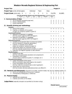 Western Nevada Regional Science & Engineering Fair Project Title: _________________________________________________________ Project #: ________ Project Type (circle all that apply): Project Grade (circle one):  K