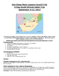 San Diego Navy League Council Trip 9-Day South African Safari Trip September 4-12, 2014