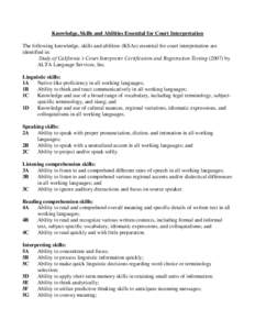 Knowledge, Skills and Abilities Essential for Court Interpretation The following knowledge, skills and abilities (KSAs) essential for court interpretation are identified in: Study of California’s Court Interpreter Cert