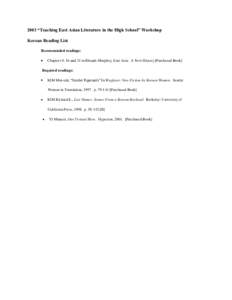 2003 “Teaching East Asian Literature in the High School” Workshop Korean Reading List Recommended readings: Chapters 9, 16 and 21 in Rhoads Murphey, East Asia: A New History [Purchased Book] Required readings: KIM Mi