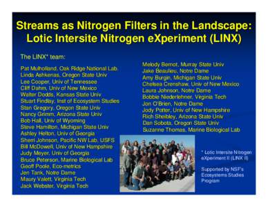 Streams as Nitrogen Filters in the Landscape: Lotic Intersite Nitrogen eXperiment (LINX) The LINX* team: Pat Mulholland, Oak Ridge National Lab. Linda Ashkenas, Oregon State Univ Lee Cooper, Univ of Tennessee