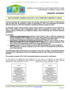 California Bureau of Electronic & Appliance Repair, Home Furnishings & Thermal Insulation - Industry Advisory on Labels