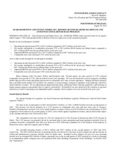 INVESTOR RELATIONS CONTACT: Steven D. Barnhart, Senior Vice President and Chief Financial Officer[removed]FOR IMMEDIATE RELEASE: August 30, 2013