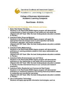 College of Business Administration Academic Learning Compacts Real Estate - B.S.B.A. Discipline Specific Knowledge, Skills, Behavior and Values 1. Basic Real Estate Principles Students in the Real Estate BSBA degree prog